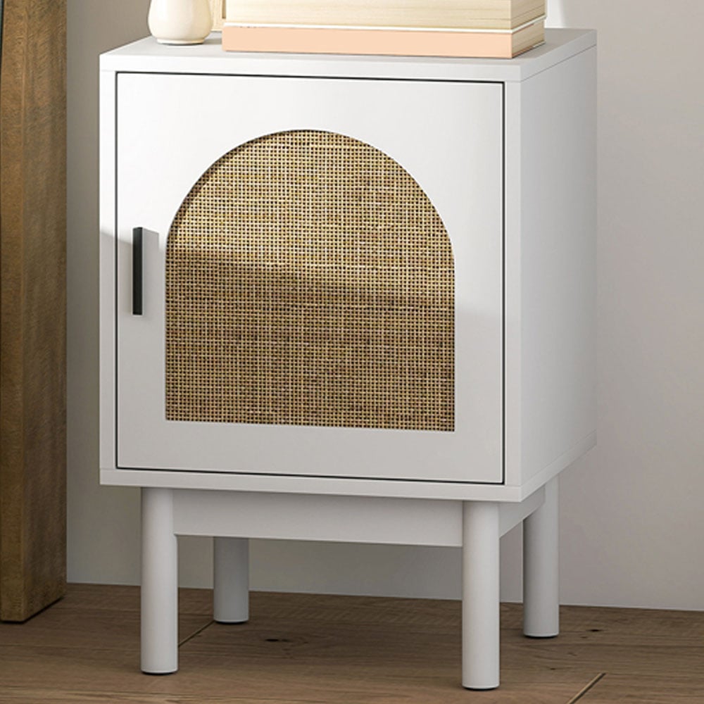 HOMCOM Boho Rattan Single Door White Bedside Table Image 1