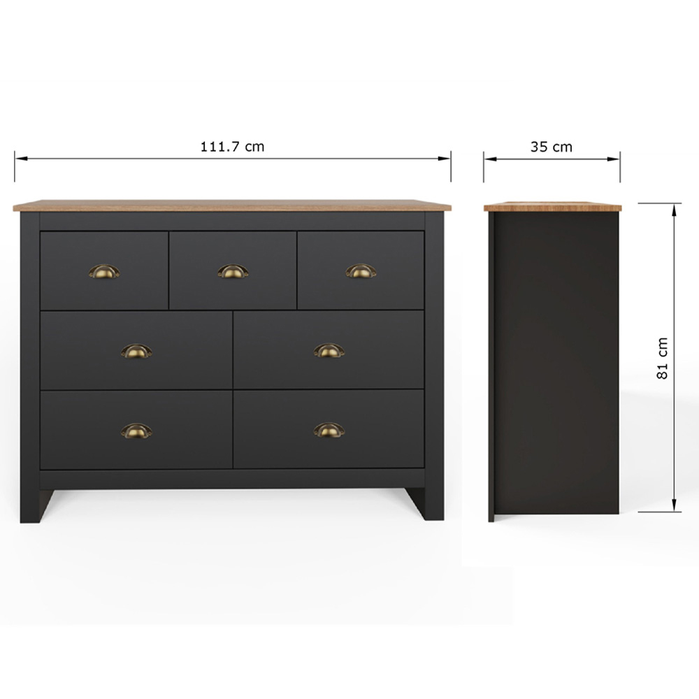 GFW Lancaster 7 Drawer Black Merchants Chest of Drawers with Oak Effect Top Image 7