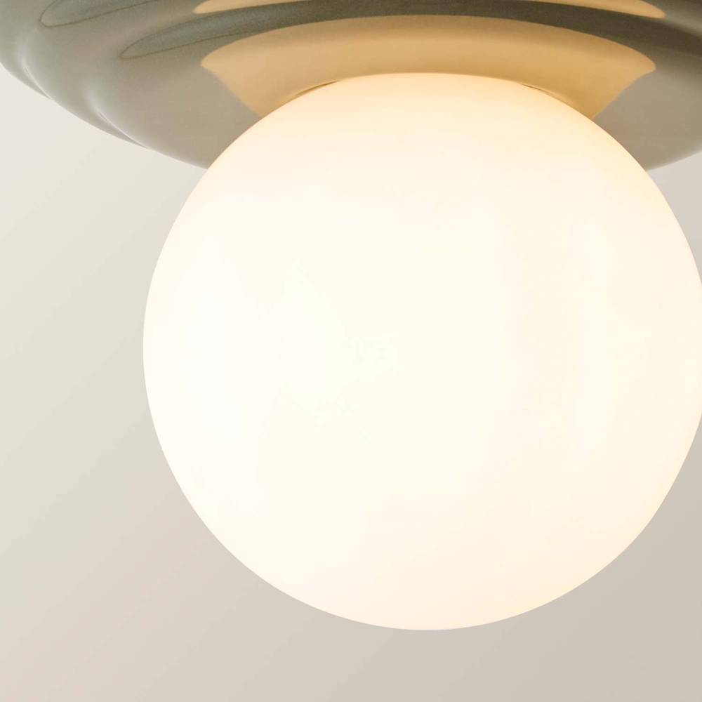 ValueLights Rue Frosted Glass Shade Olive Ribbed Ceramic Base Flush Ceiling Light with Bulb Image 4