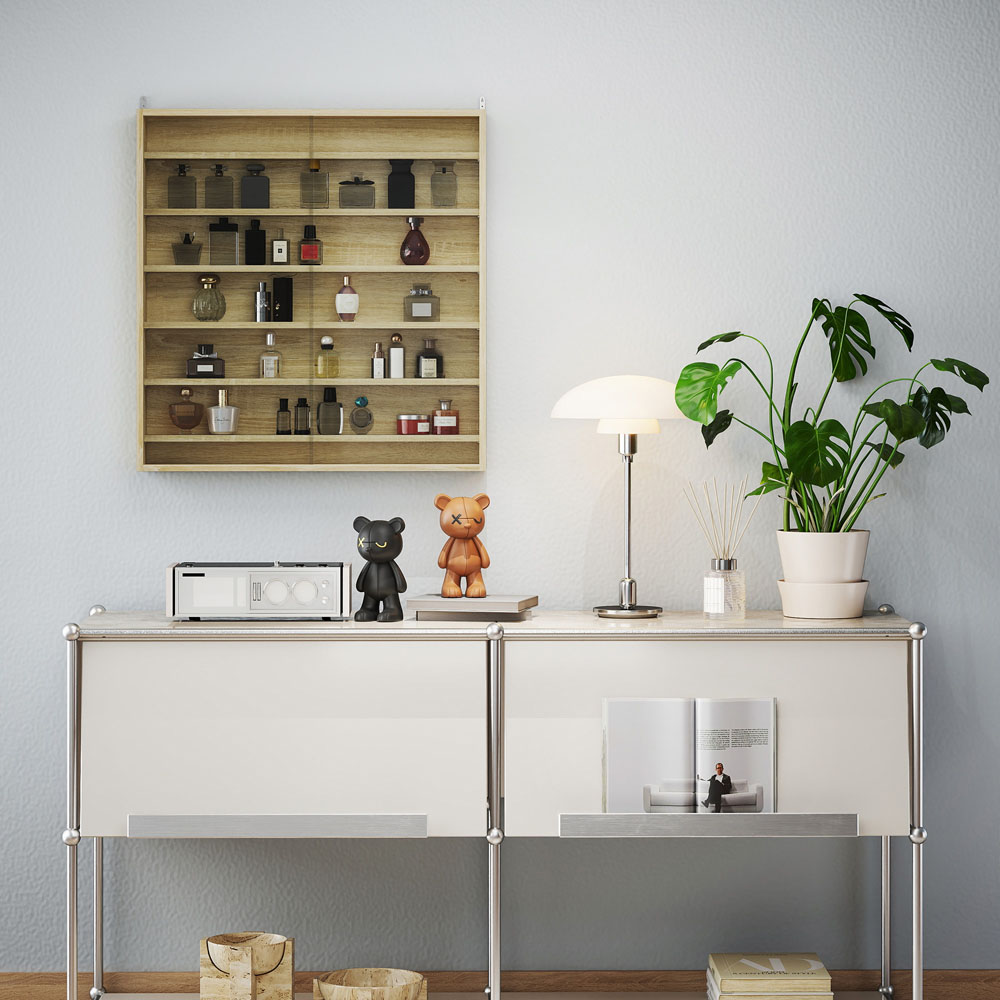 HOMCOM 7-Tier Glass Doors Oak Wall Display Cabinet Image 5