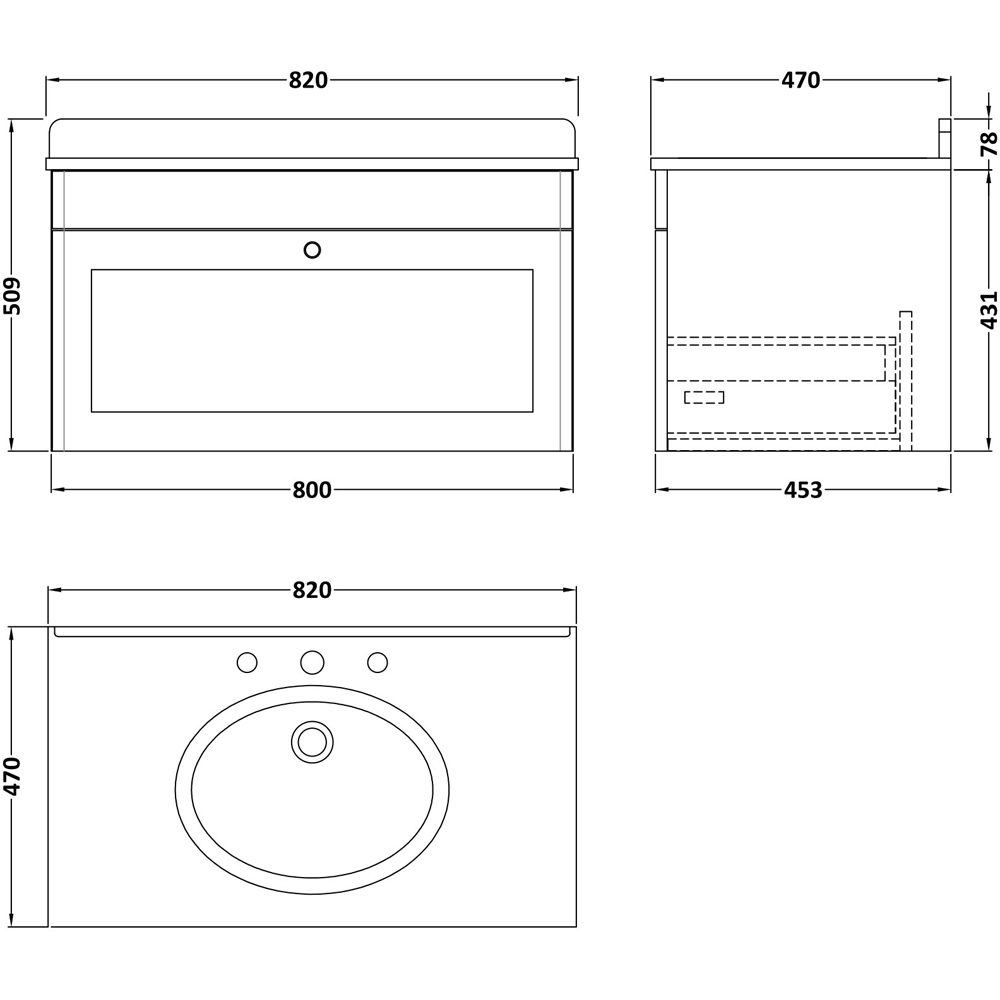 nuie Classique Single Drawer Soft Black and White Wall Hung Unit and 3 Tap Hole Marble Basin 800mm Image 3