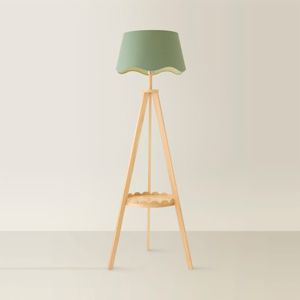 ValueLights Morrigan Sage Green Shade Wooden Scallop Tripod LED Floor Lamp with Bulb Image 4