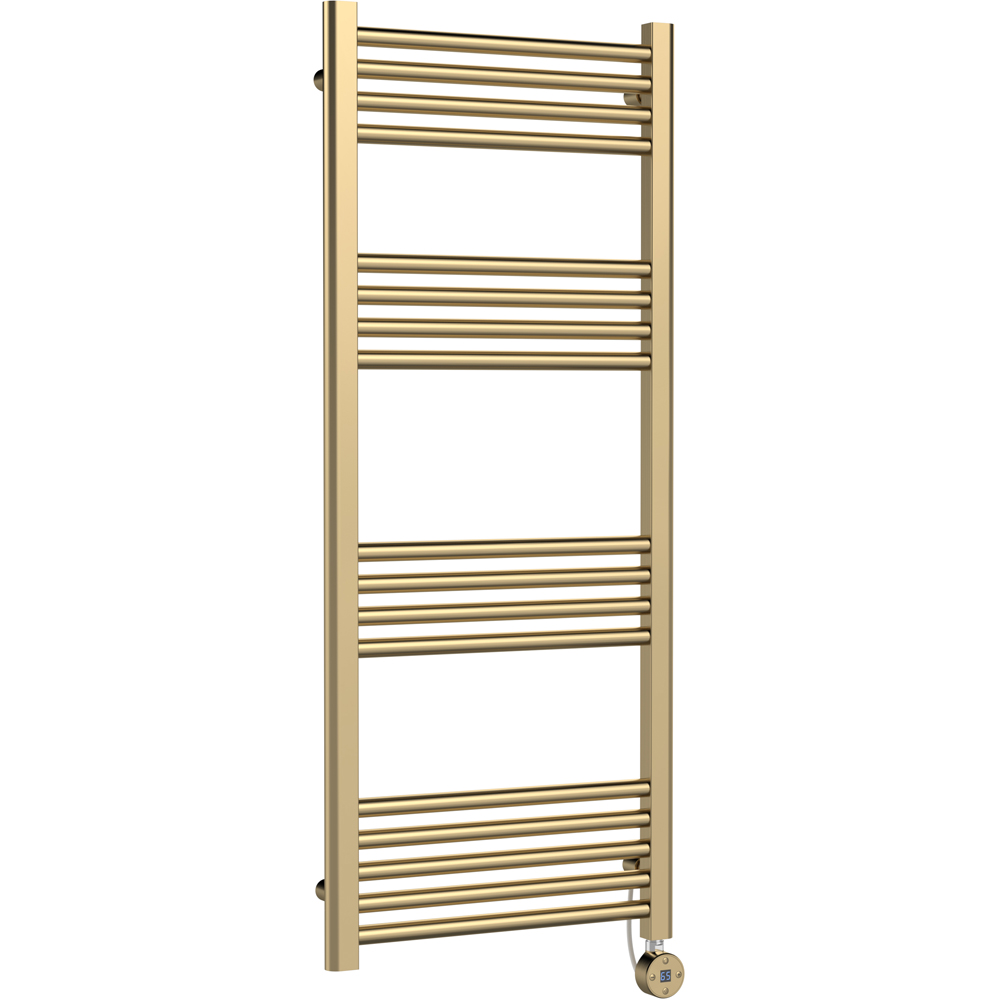 nuie Hudson Reed Brushed Brass Electric Round Tube Towel Rail 1200 x 500mm Image 1