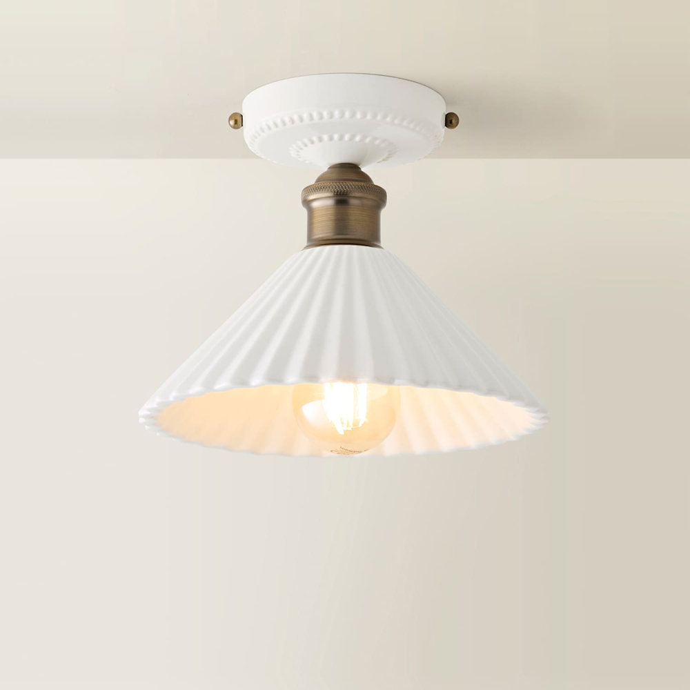 ValueLights Burford White Ribbed Ceramic Shade LED Flush Ceiling Light with Bulb Image 4