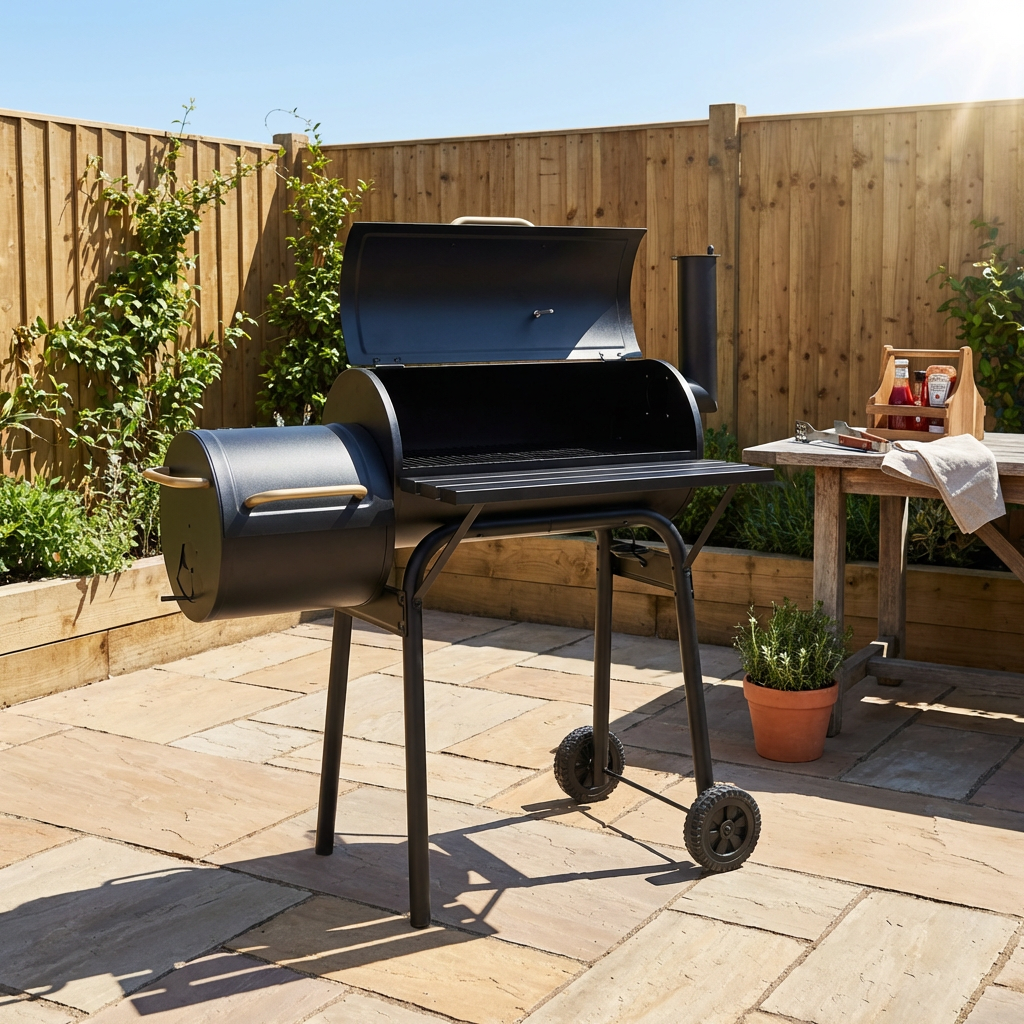 Black Houston Smoker BBQ with Grill Gold Handles Image 6