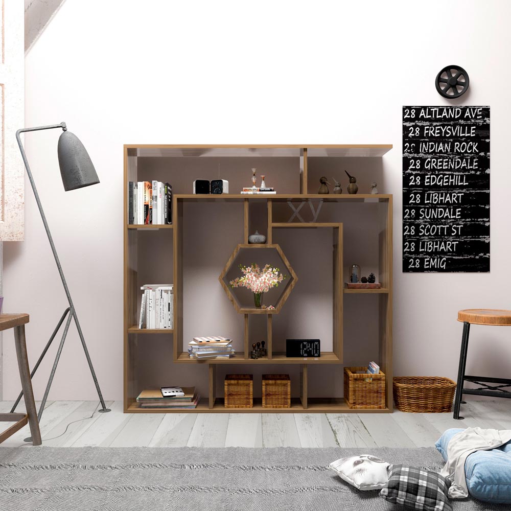 Decorotika Labrina 12 Shelf Walnut Hexagonal Geometric Bookcase Image 3
