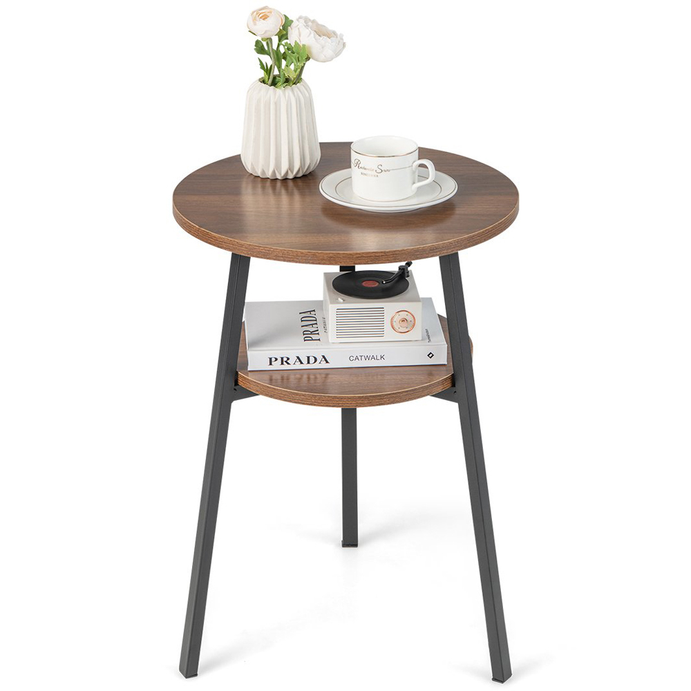 Costway 2 Shelf Walnut Round Wooden Side Table Image 2