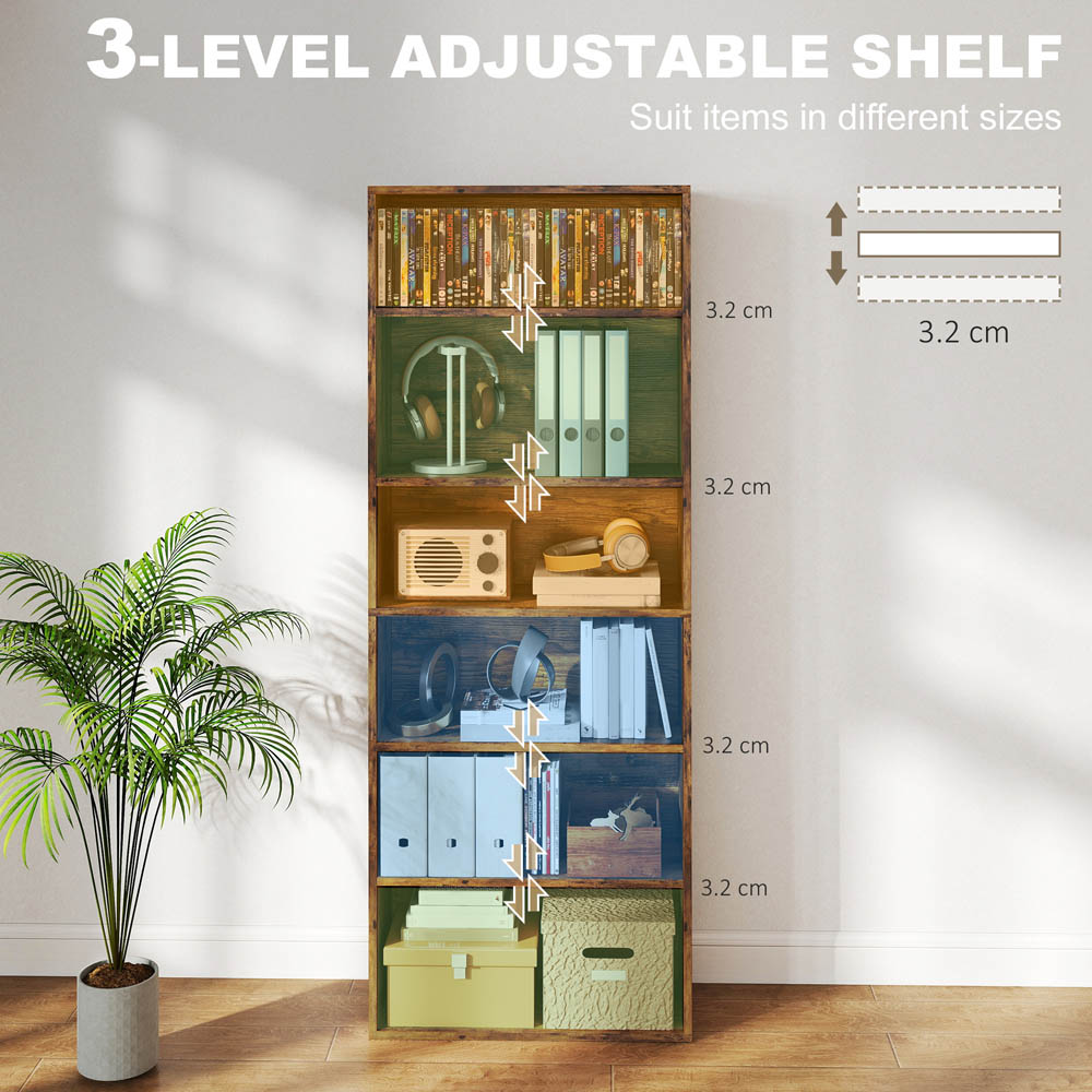 Portland 6 Shelf Rustic Brown Adjustable Freestanding Bookcase Image 8