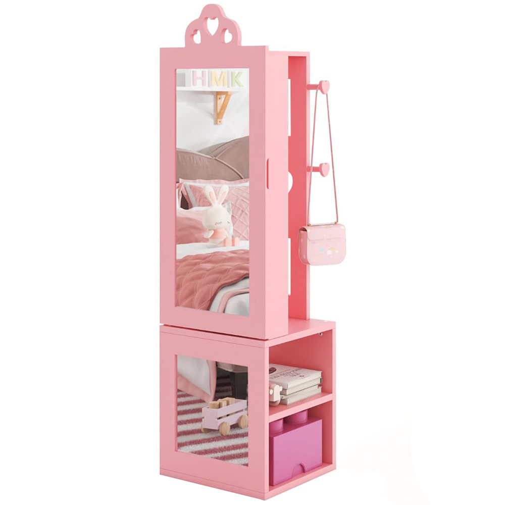 Costway 2 Shelf Pink Kids Jewellery Armoire Full Length Mirror with Coat Rack Image 1