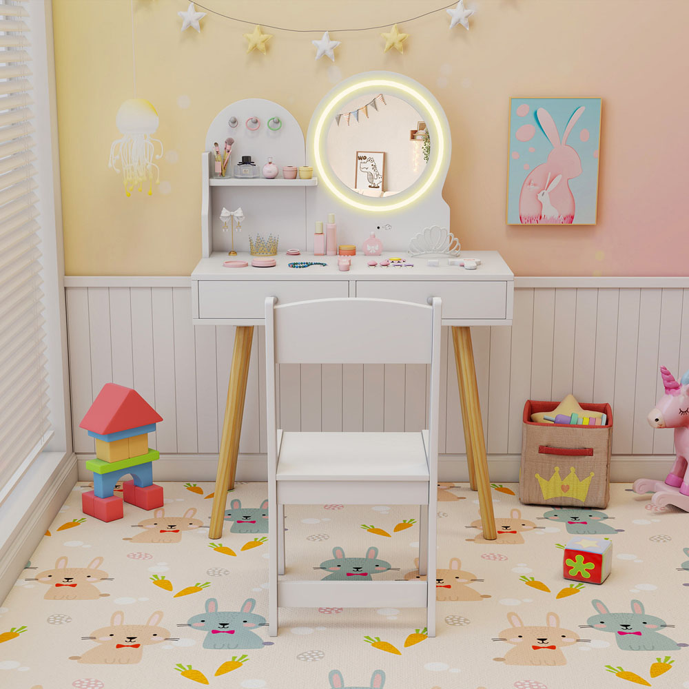Costway 2 Drawer Single Shelf White Wooden Kids Vanity Set with Lighted Mirror and Hooks Image 4