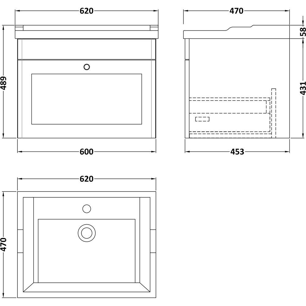 nuie Classique Single Drawer Soft Black Wall Hung Unit and 3 Tap Hole Fireclay Basin 600mm Image 3