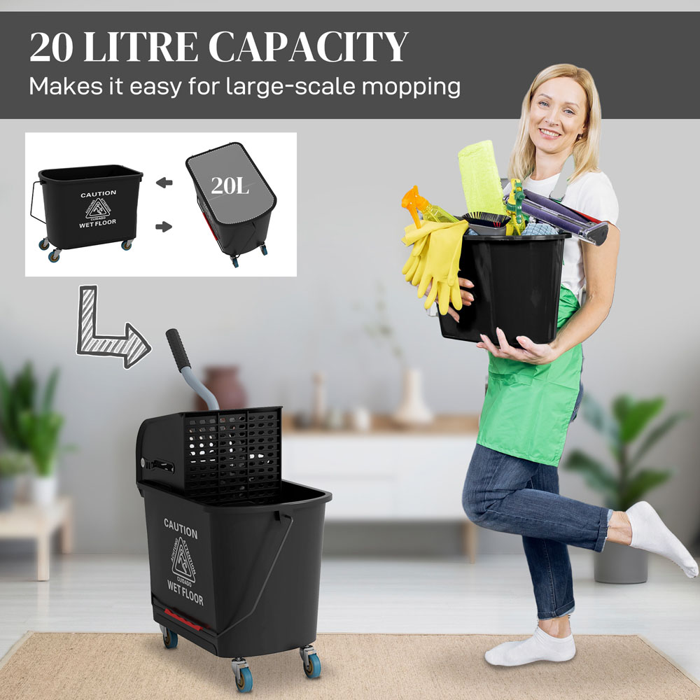 HOMCOM Black Wringer Handle Mop and Bucket Set on Wheels 20L Image 4