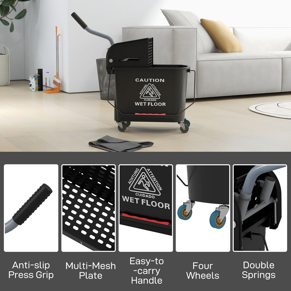 HOMCOM Black Wringer Handle Mop and Bucket Set on Wheels 20L Image 8