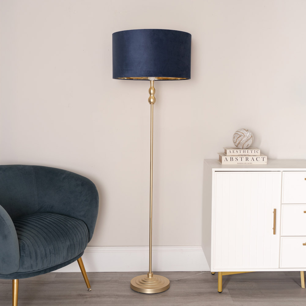 ValueLights Maggie Gold Candlestick LED Floor Lamp with Navy Blue and Gold Lamp Shade Image 2
