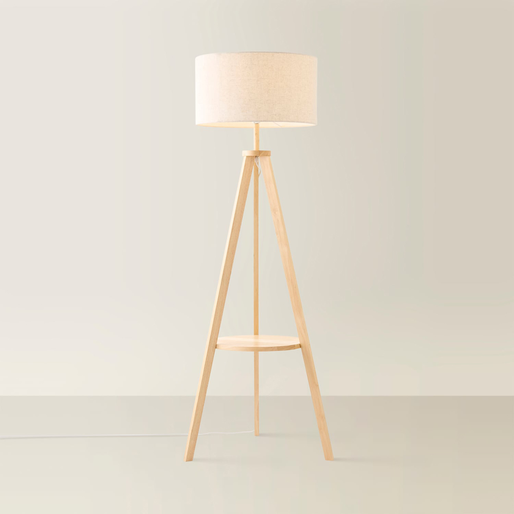 ValueLights Morrigan Light Wood Tripod Floor Lamp with Linen Fabric Shade and Bulb Image 3