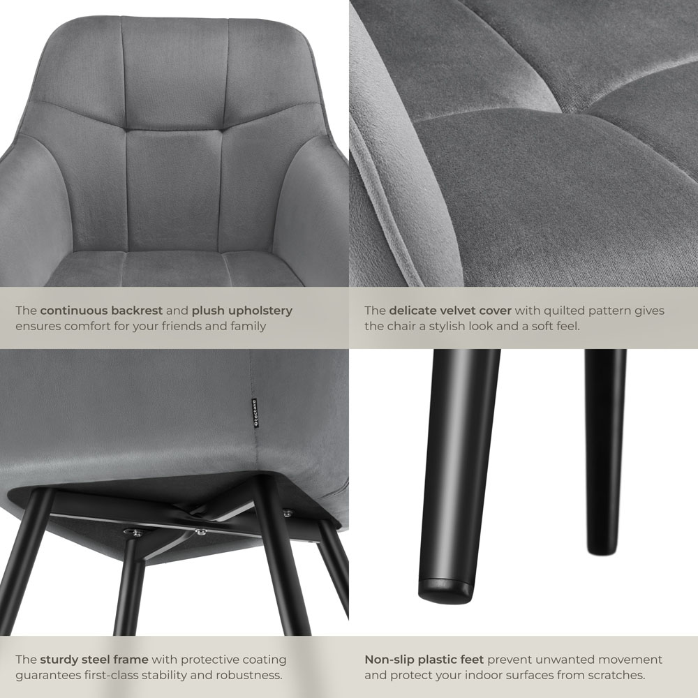 tectake Marilyn Grey and Black Quilted Velvet Dining Chair Image 5