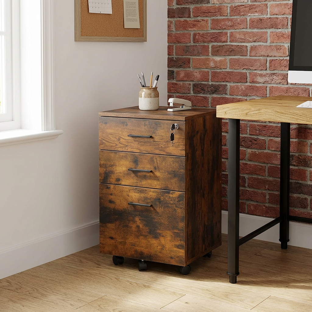 Brown 3 Drawer Wooden Filing Cabinet Brown Image 4