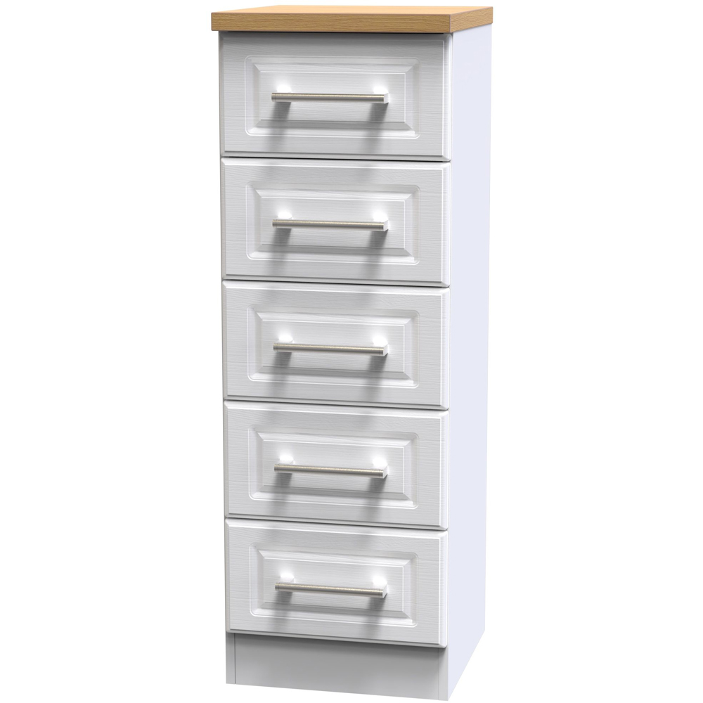 Crowndale Kent 5 Drawer White Ash and Modern Oak Tall Bedside Cabinet Ready Assembled Image 4