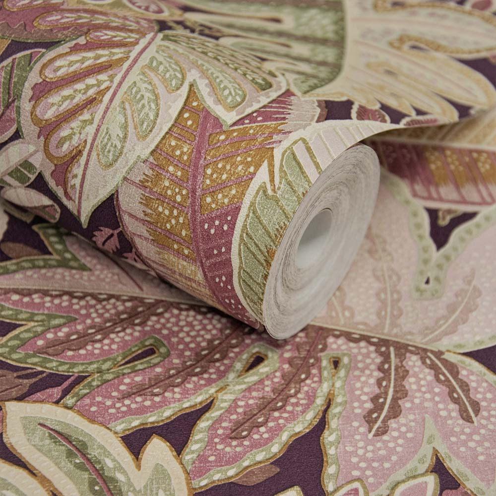 Grandeco Tribal Leaf Foliage Pink and Purple Textured Wallpaper Image 2