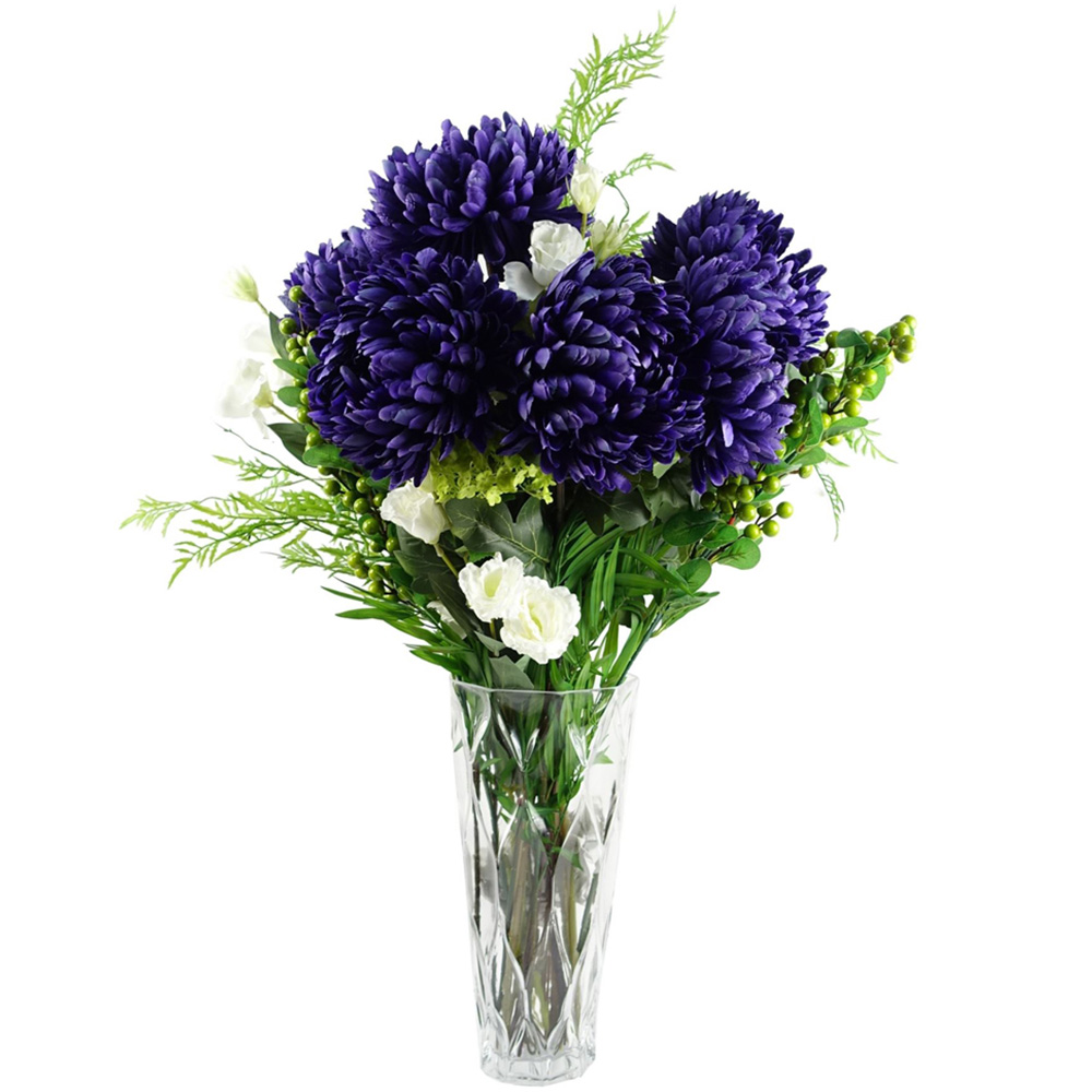 Leaf Purple Chrysanthemum and Ferns Artificial Flower Bundle with Vase 90cm 15 Pack Image 1
