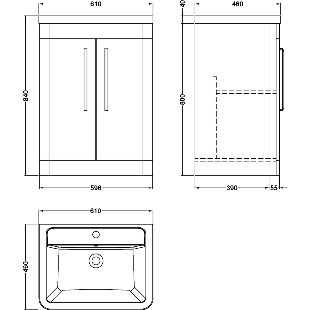 nuie Parade 2 Door Soft Black Floor Standing Vanity Unit and 1 Tap Hole Ceramic Basin 600mm Image 3