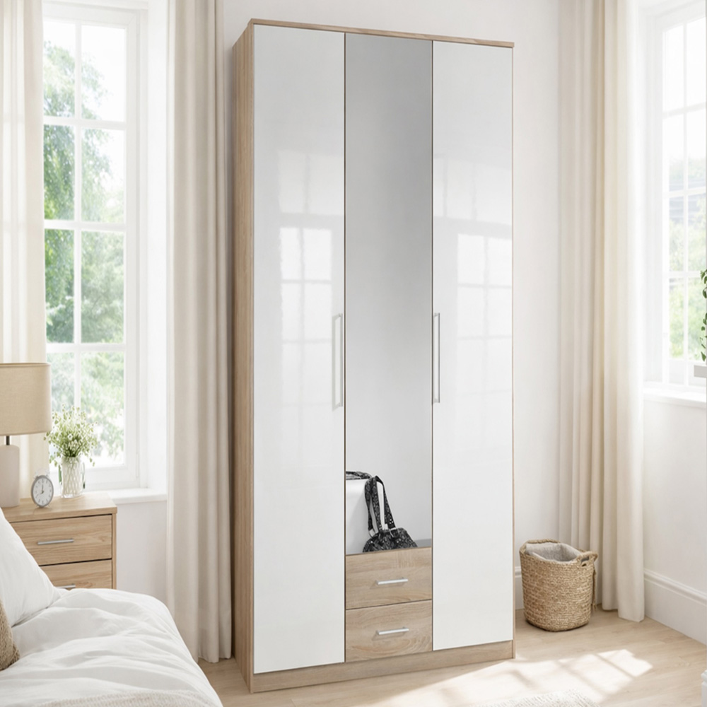 TJ'S Omega 3 Door 2 Drawer Oak and White Mirrored Wardrobe Image 1