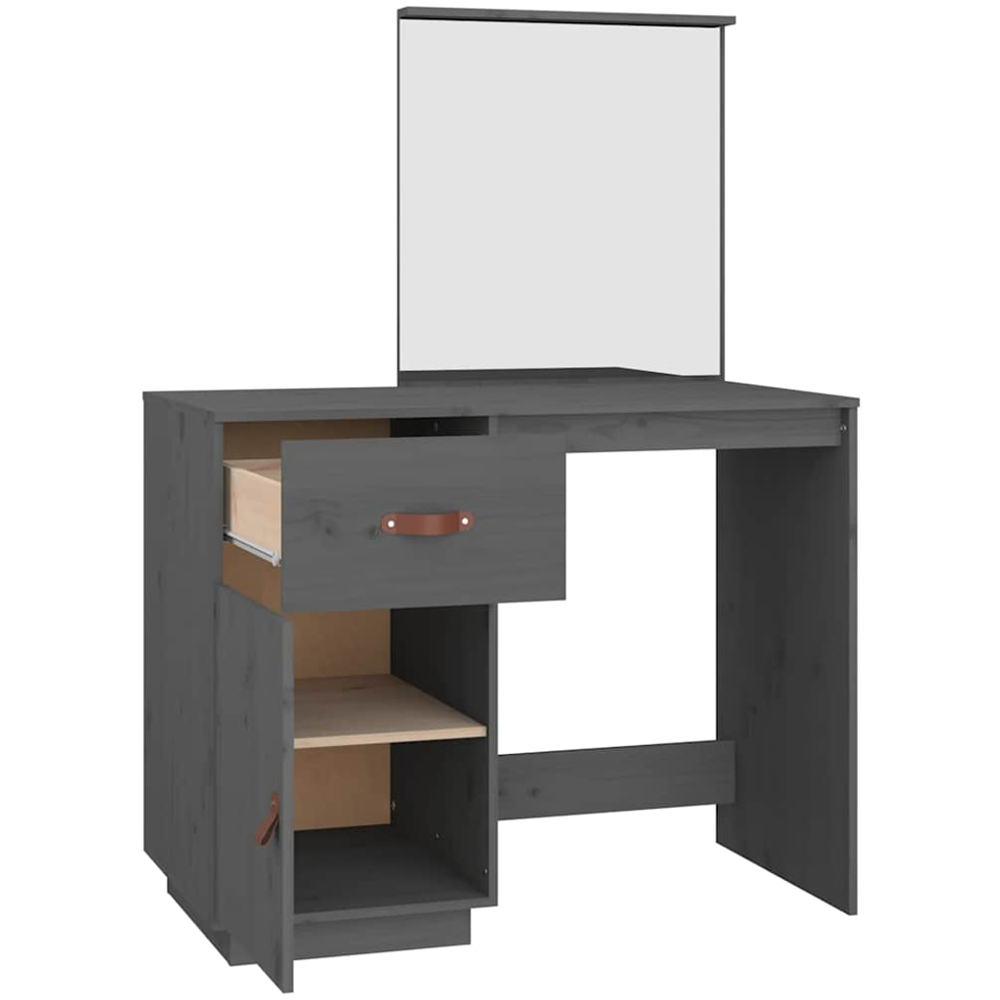 vidaXL Single Door Single Drawer Grey Solid Wood Pine Dressing Table with Mirror Image 3