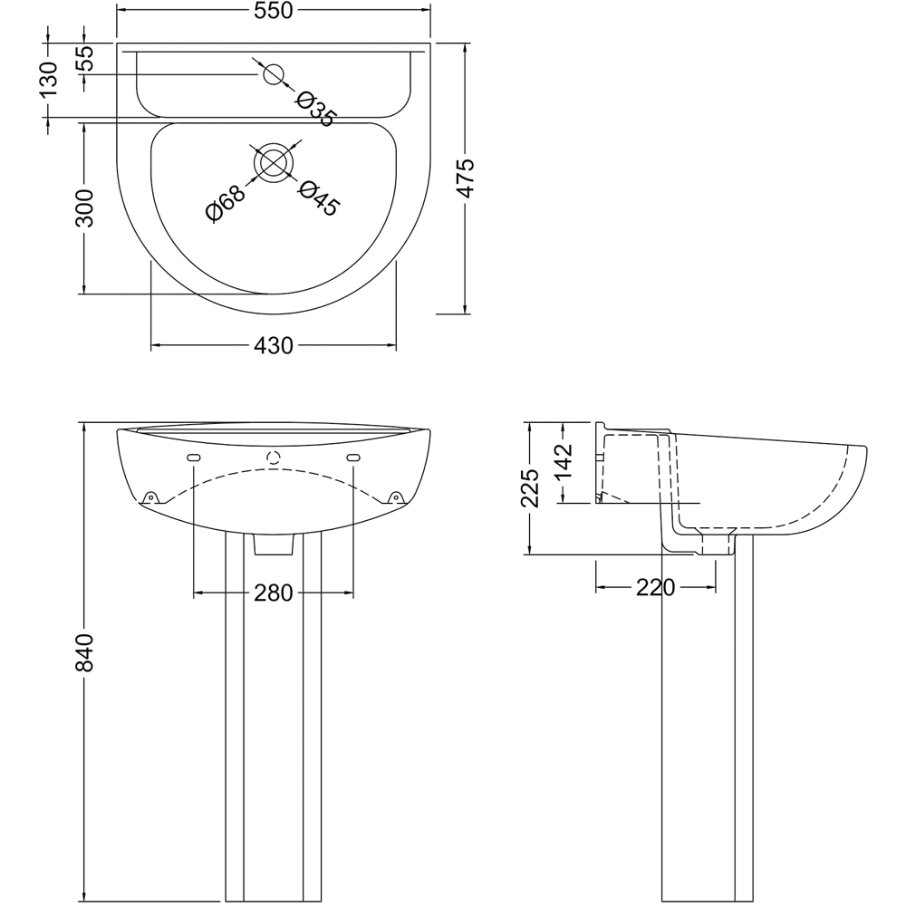 nuie Melbourne 1 Tap Hole White Basin and Pedestal 550mm Image 2