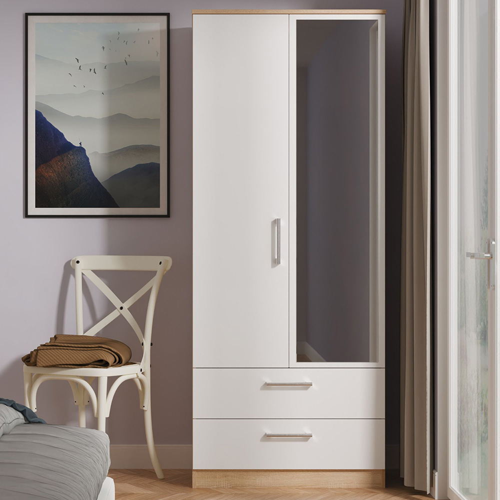 Crowndale Devon 2 Door 2 Drawer Matt White and Bardolino Oak Mirrored Wardrobe Ready Assembled Image 1