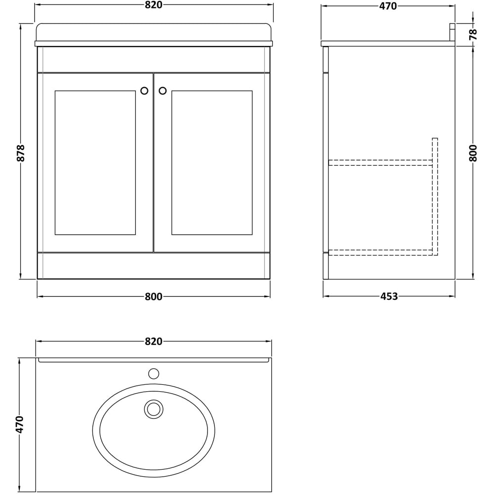 nuie Classique 2 Door Satin Grey Floor Standing Unit and 1 Tap Hole Marble Top Oval Basin 800mm Image 3