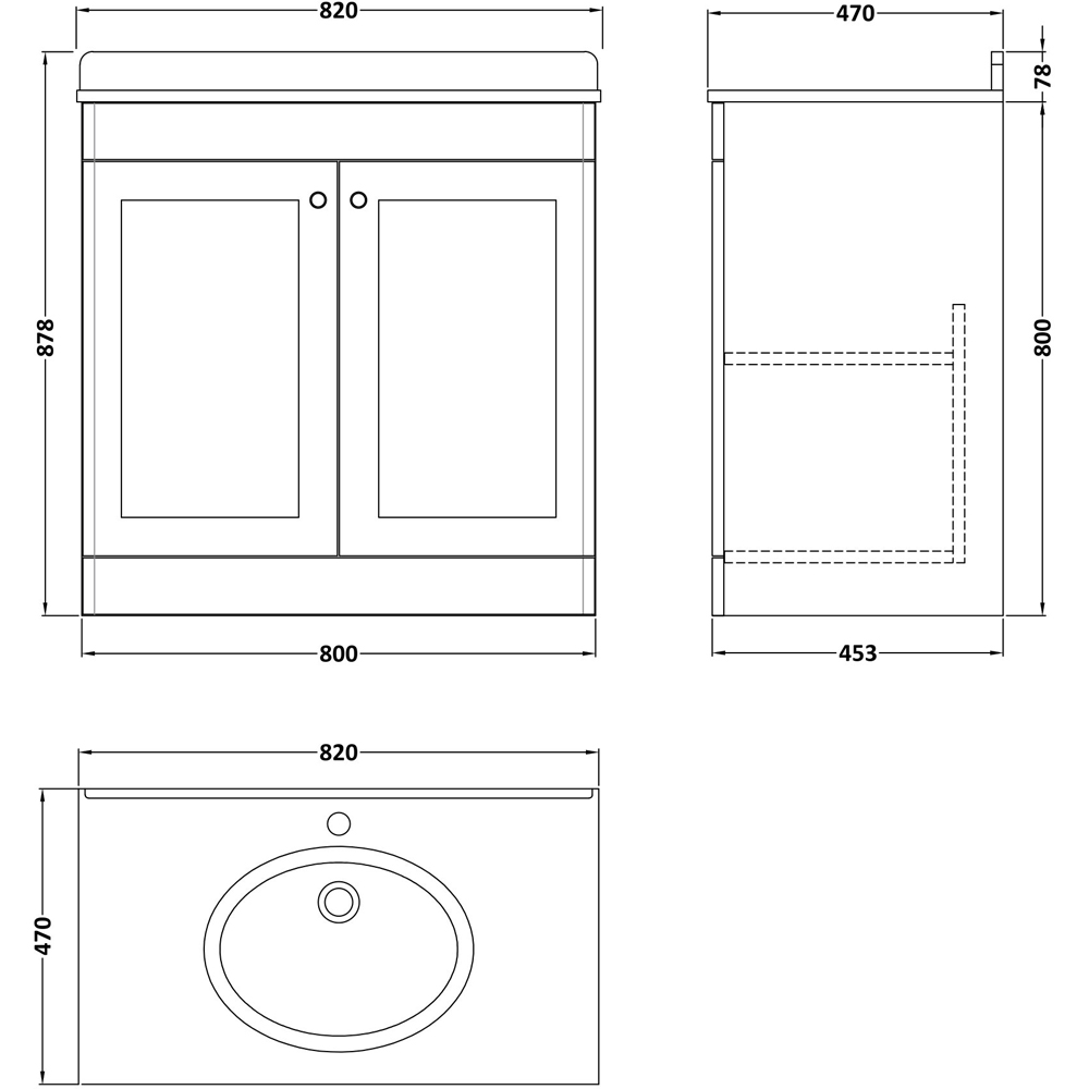 nuie Classique 2 Door Soft Black Floor Standing Unit and 1 Tap Hole Marble Top Oval Basin 800mm Image 3