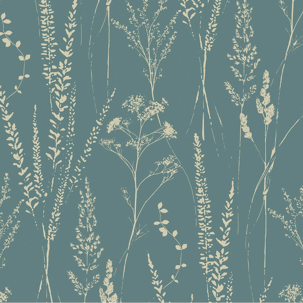 Grandeco Halm Grass and Flower Sprigs Blown Vinyl Green Wallpaper Image 1