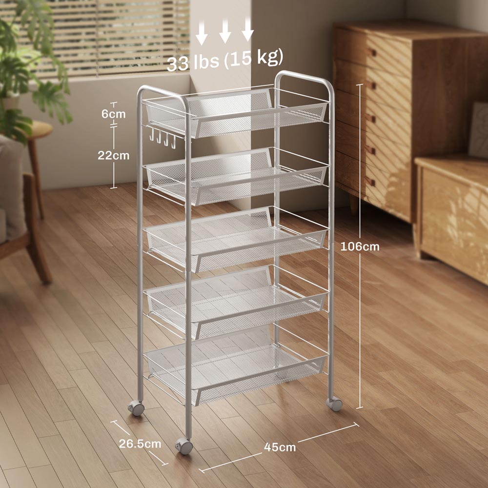 HOMCOM 5-Tier White Utility Rolling Cart with Removable Mesh Baskets Image 9