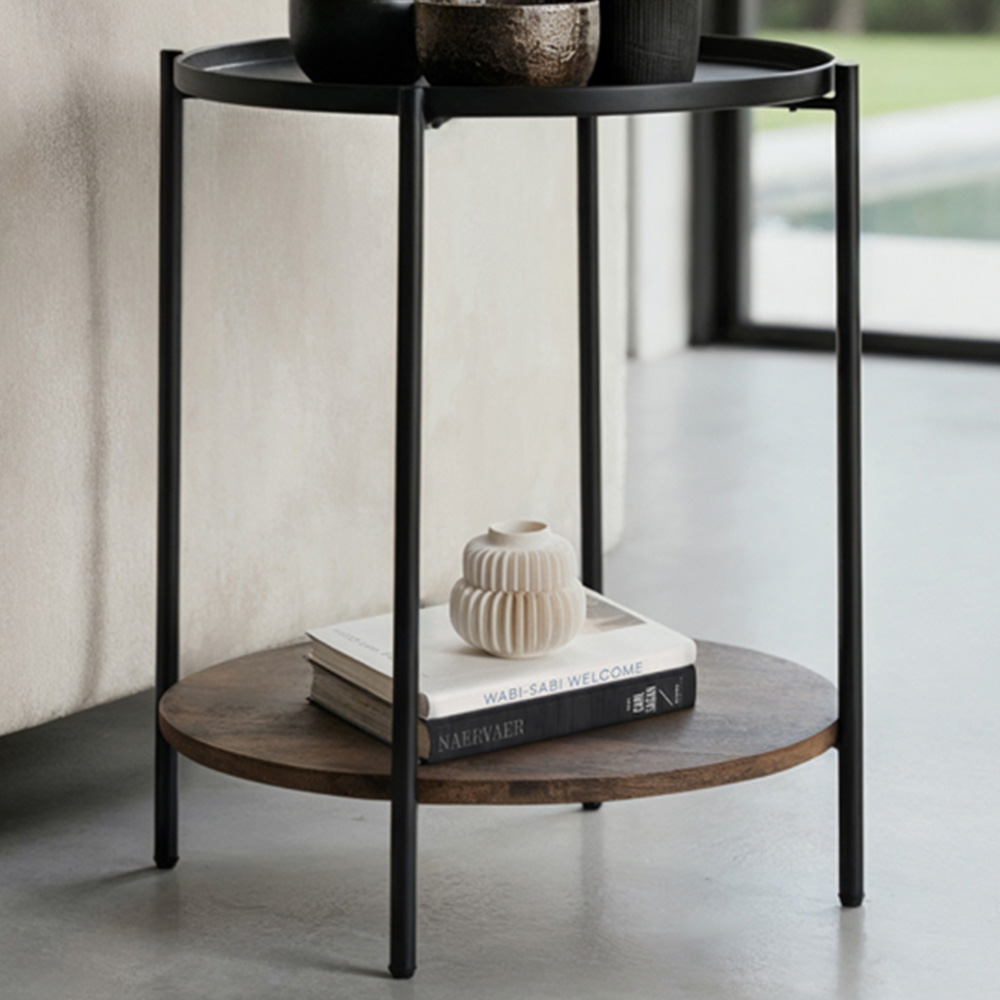 Tectake Sunderland Single Shelf Rustic Dark Wood Round Bedside Table Image 1