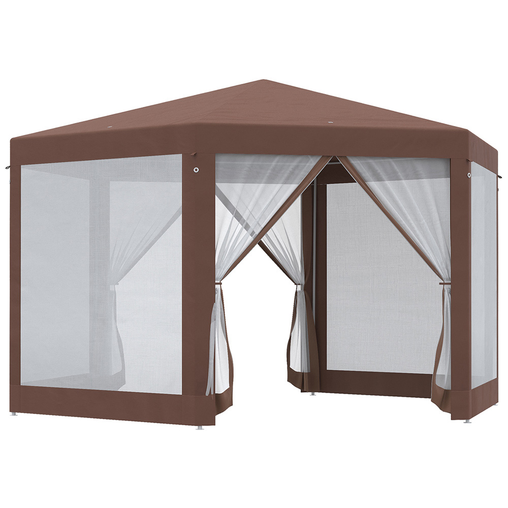 Outsunny Brown Hexagonal Gazebo with Mosquito Netting Image 2
