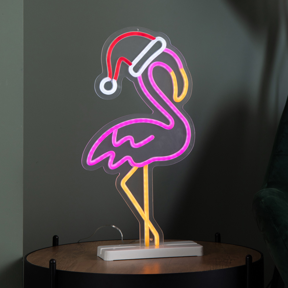 Samuel Alexander Multicolour LED Light Up Neon Flamingo with Santa Hat and Base Christmas Decoration Image 4