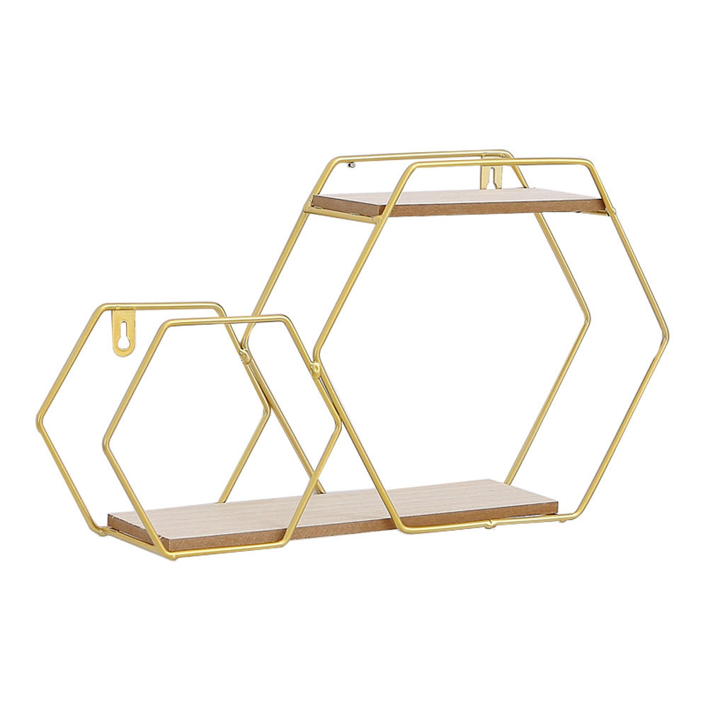 Living and Home 2 Tier Gold Framed Wall Hanging Floating Hexagonal Wall Shelf Image 1