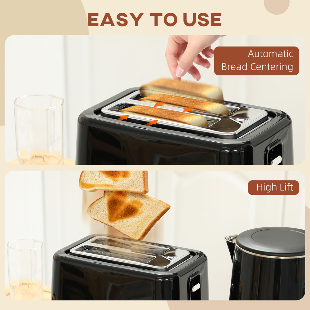 HOMCOM 800-211V70BK Black 1.5L Fast Boil Electric Kettle 3000W and 2 Slice Toaster Set Image 4