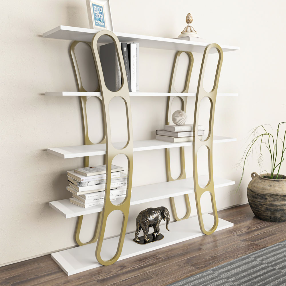 Decorotika Adar 5 Shelf White and Gold Bookcase Image 5