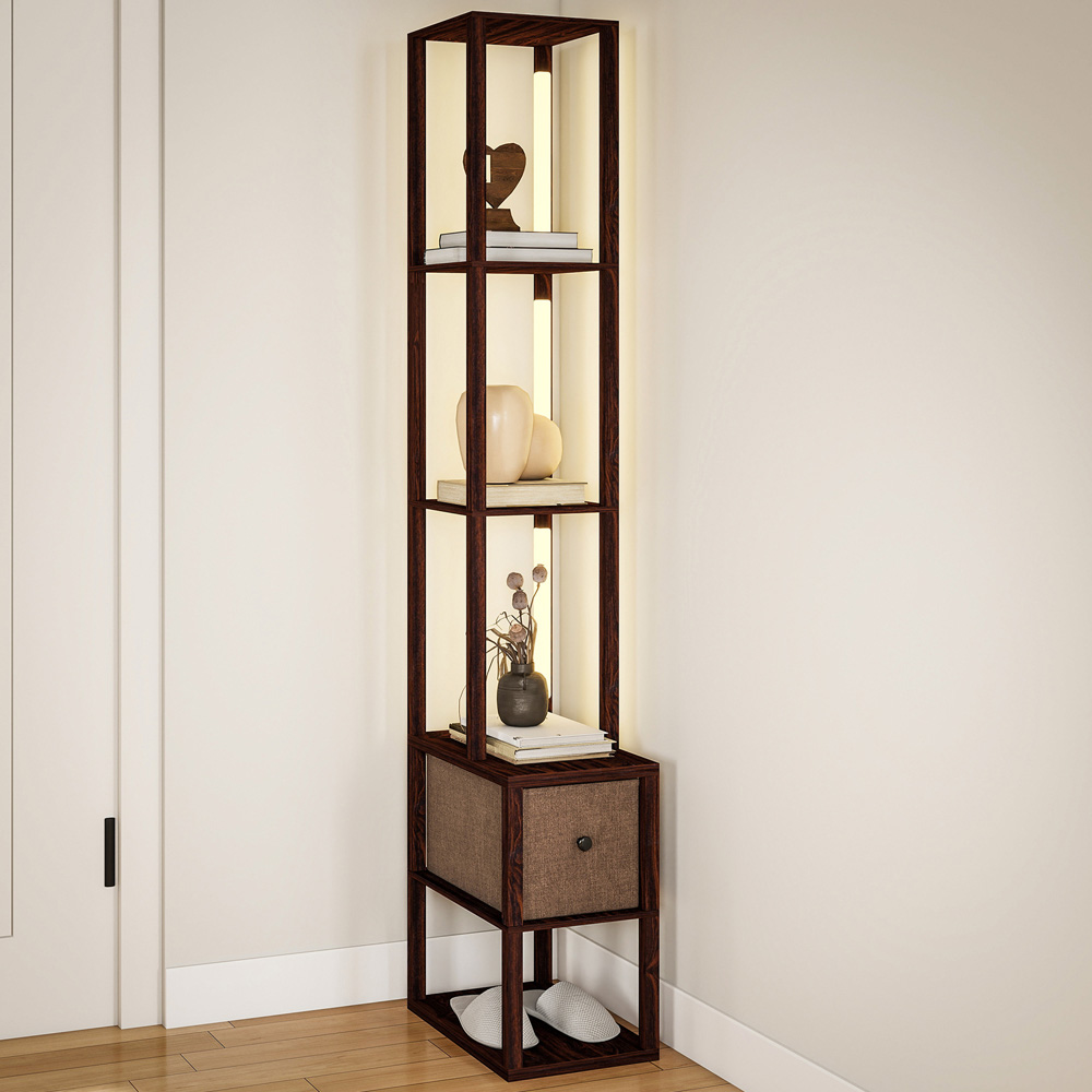 HOMCOM Single Drawer 4 Shelf Brown LED Floor Lamp Image 2