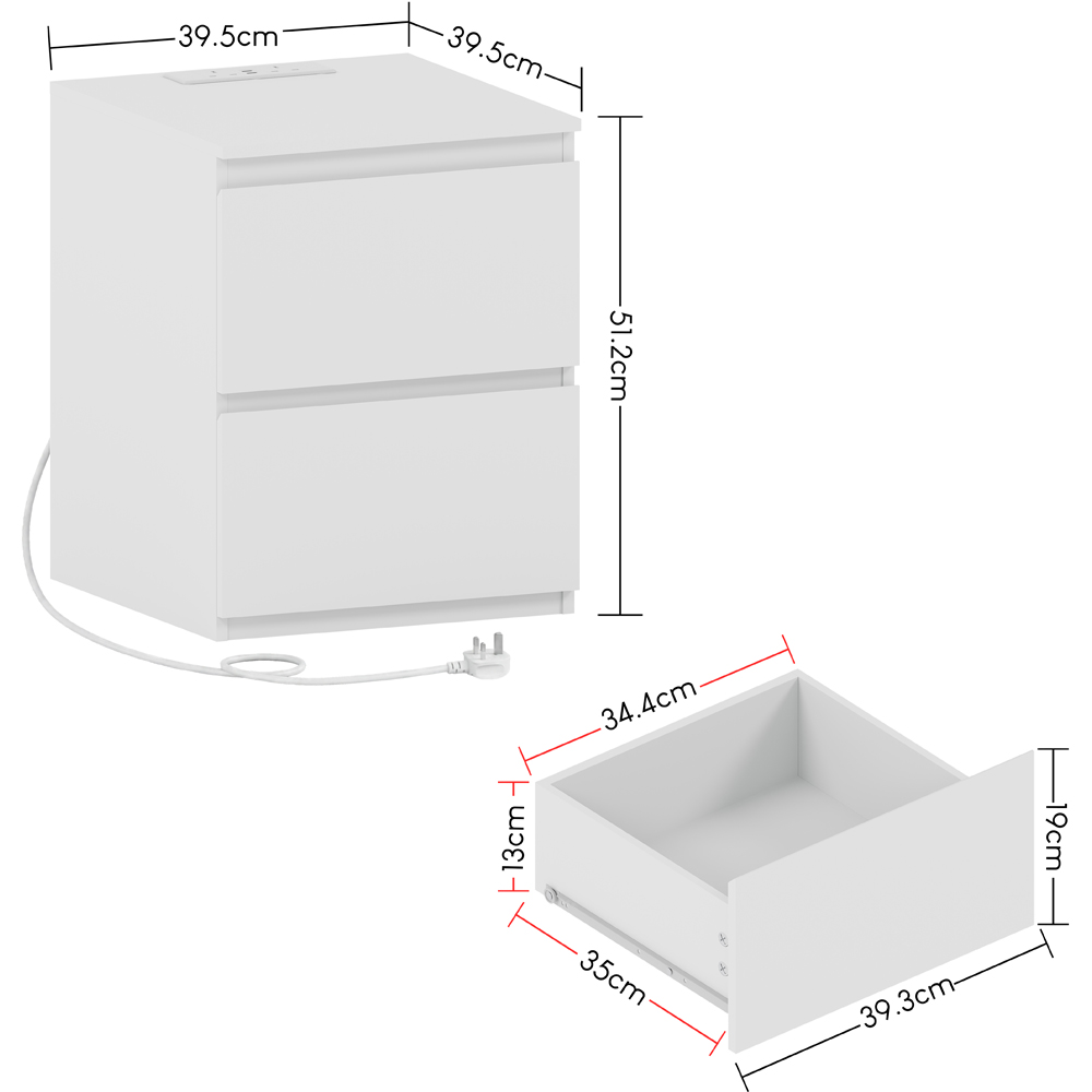 VIDA DESIGNS Denver 2 Drawer White Large Bedside Chest with Power Outlet Image 9
