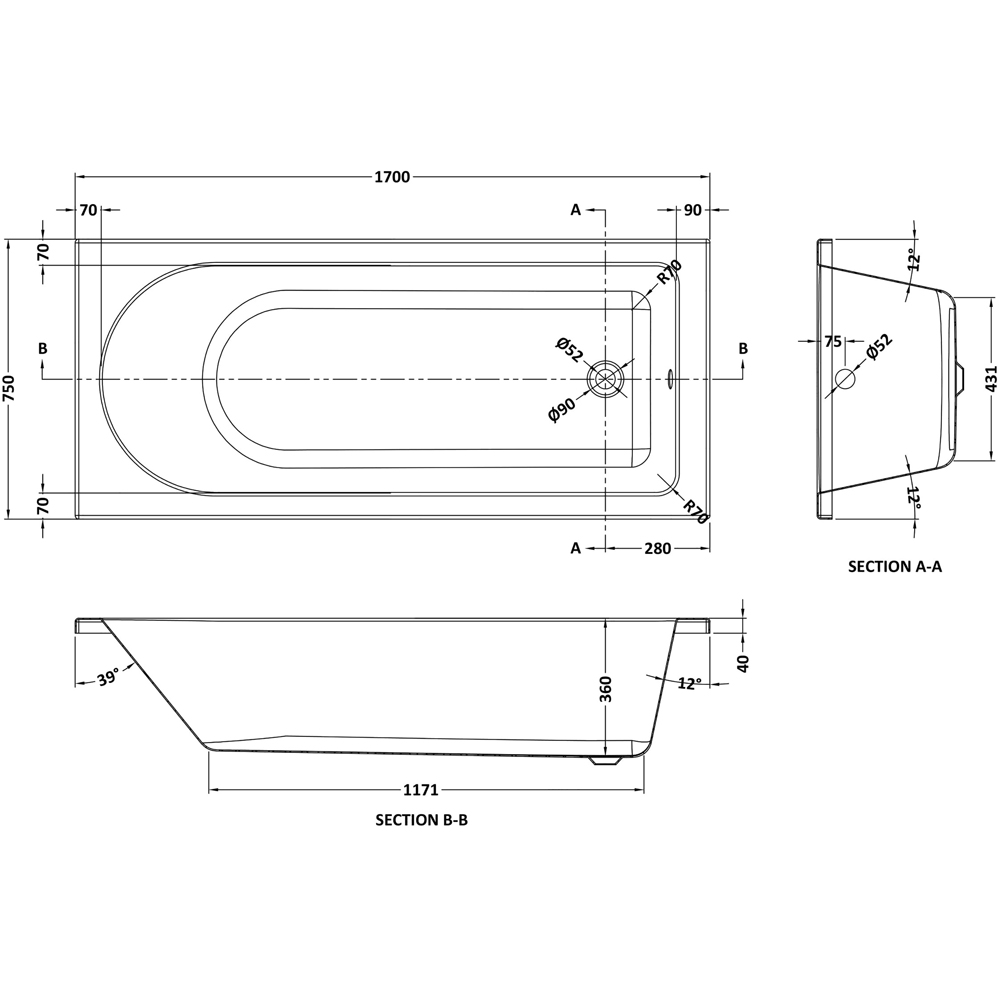 nuie 1700 x 750mm Standard Bath with Panel and Screen Image 2
