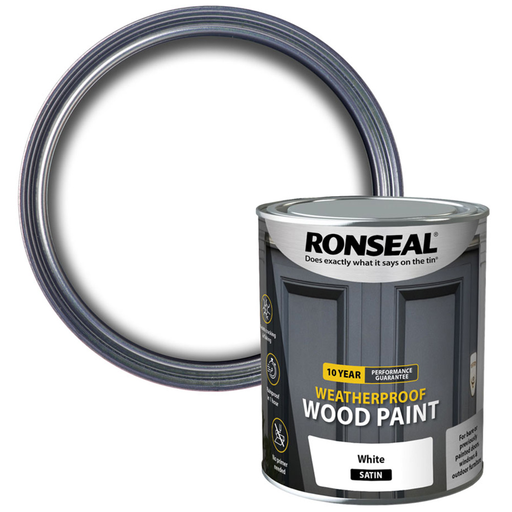 Ronseal 10 Year Weatherproof Wood Paint White Satin 750ml Image 1