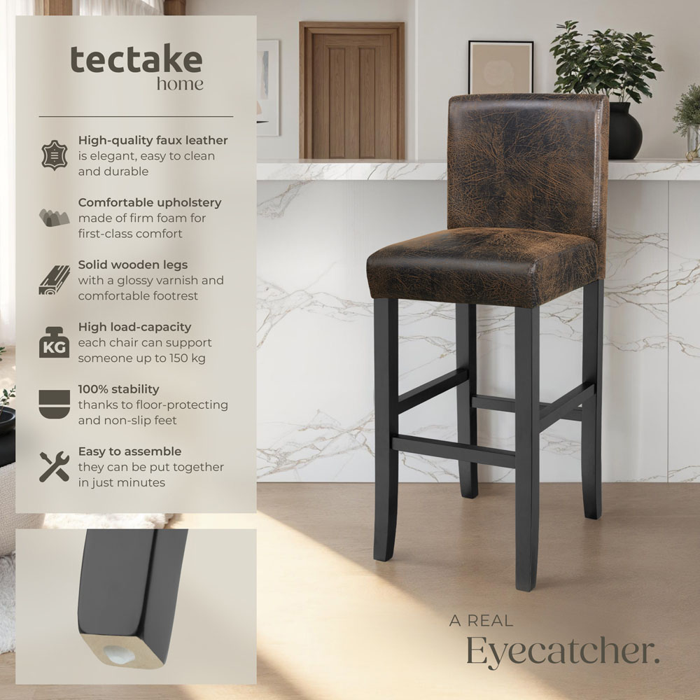 Tectake Antique Brown Leather Padded Bar Stool Set of 2 Image 6
