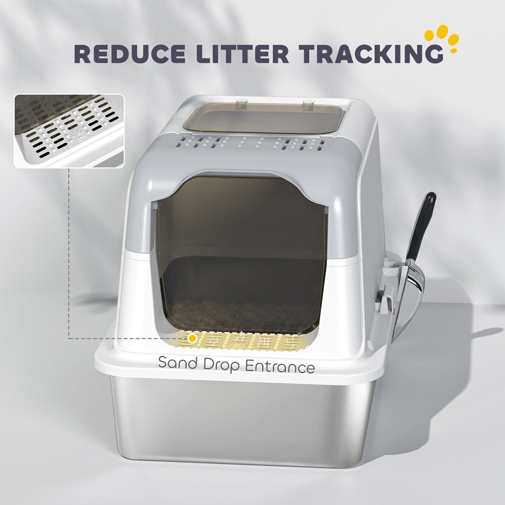 PawHut Stainless Steel Enclosed Litter Box with Metal Litter Tray with Scoop Image 6
