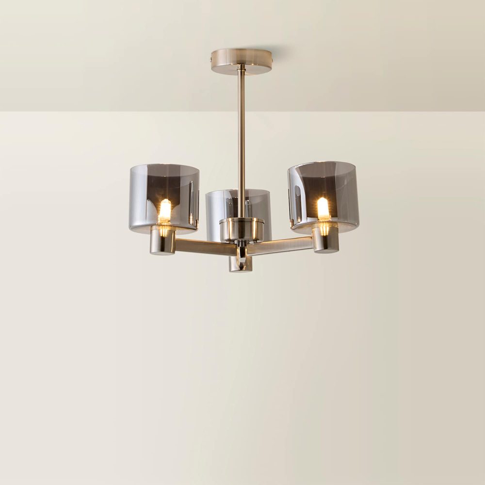 ValueLights Demi 3 Arm Smoked Glass Shade Brushed Chrome Chandelier Ceiling Light with Bulb Image 5