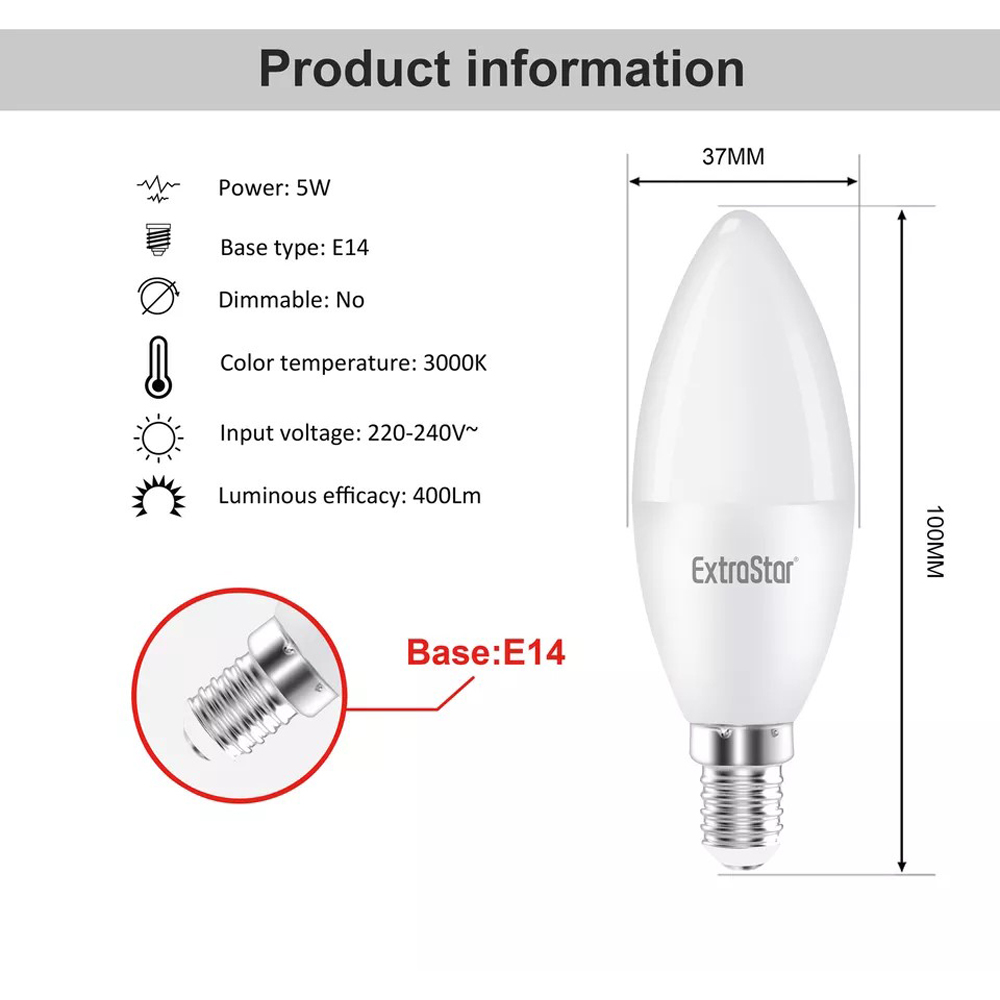 ExtraStar 6 Pack Warm White E14 5W LED Candle Bulb Image 4
