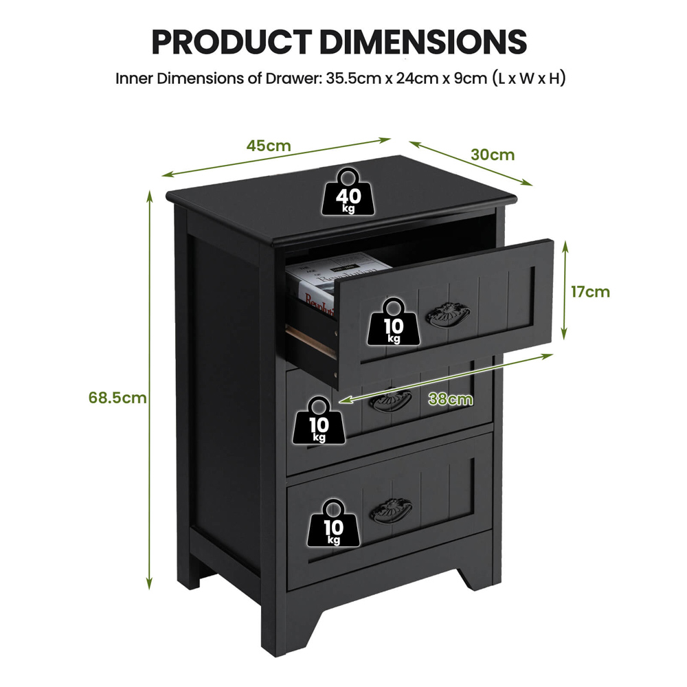 Costway 3 Drawer Black Vintage Bedside Table Image 9