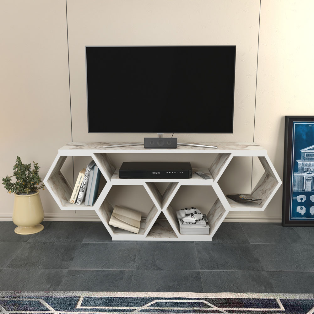 Decorotika Honey White Marble Effect Wide Hexagonal TV Unit Image 6