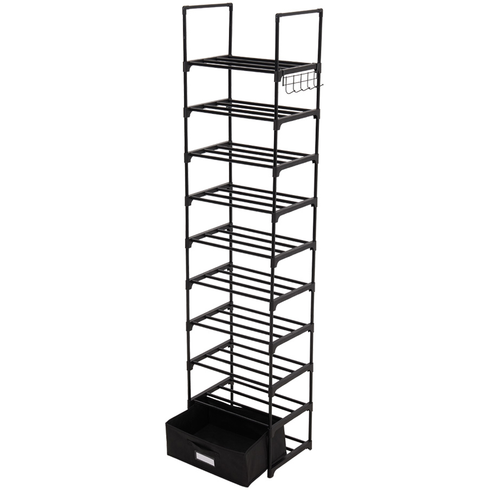 H&O Direct 10 Shelf Black Metal Shoe Rack with Hooks and Storage Box Image 1